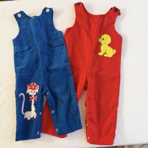 Lot 2 Vintage Sears Perma-Prest Toddler Boys 24M -3T Shortall Romper 70s Dog